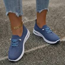 Fall/Winter Women Casual Sports Shoes Mesh Breathable Comfortable Lightweight Lace-Up Sneakers In Solid/Bright Colors, Versatile White Shoes For Women - 藍色 - 查看 5