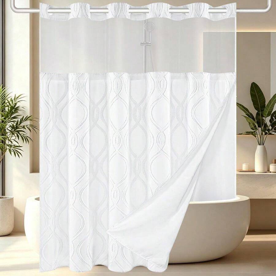 No Hook Shower Curtain With Snap In Liner Set, Tufted Waterproof Shower Curtains Bathroom Washable Bath Curtain Hotel Style Curtains With See Through Top Window, White, 71" 74" L - 白色 + L - 查看 1