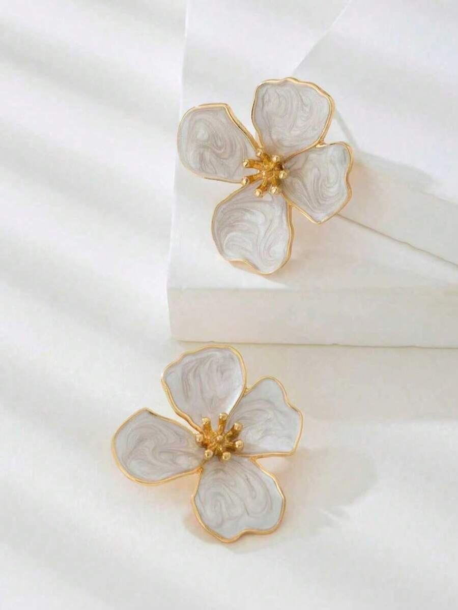 1 par de pendientes estilo vintage con pintura de arena movediza de flores, diseño exagerado de nicho con pétalos, joyería de oreja de lujo ligero de alta gama - Blanco - Ver 1