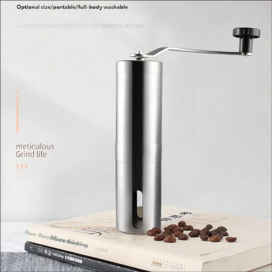 Office Small Coffee Bean Grinder, Space Saving Hand Crank Adjustable Grind Mill, Practical Manual Coffee Crusher For Workplace Daily Fresh Coffee Brewing & Small Coffee Bar Use - Silver - View 1
