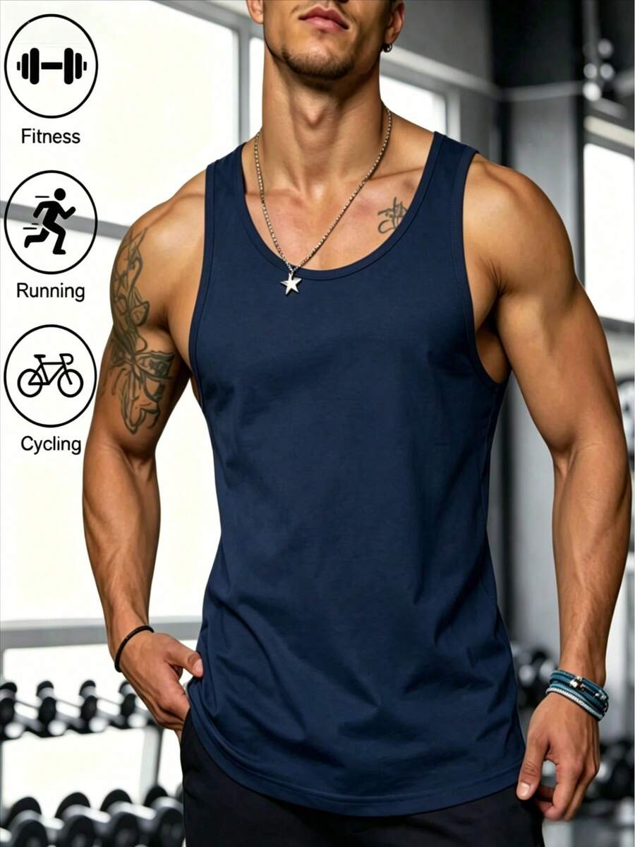男士夏季運動背心,男士最愛禮物,輕量柔軟面料,戶外騎行健身訓練無袖上衣,適合世界盃觀賽、居家與旅行,夏季海灘多場景穿搭,時尚簡約 - 藍色 - 查看 1