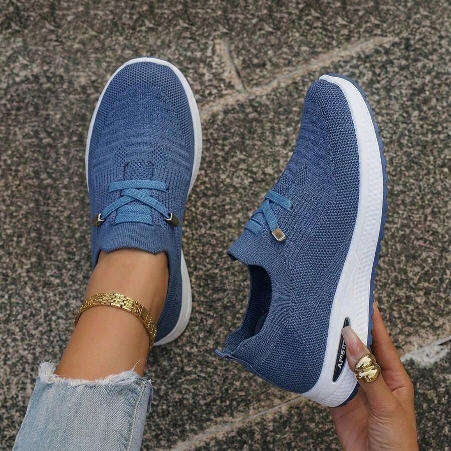 Fall/Winter Women Casual Sports Shoes Mesh Breathable Comfortable Lightweight Lace-Up Sneakers In Solid/Bright Colors, Versatile White Shoes For Women - 藍色 - 查看 1