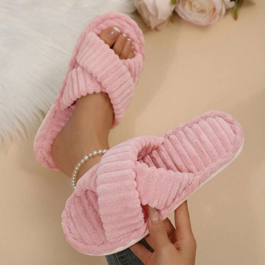 Fall Winter Indoor Outdoor Cotton Fuzzy Bedroom Slippers Memory Foam Open Toe Slide Shoes For Women House - Pink - View 1