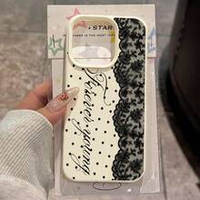 1pc TPU Material Retro Polka Dot Lace Cursive English Pattern Phone Case Compatible With IPhone 17 Pro Max/17/16 Pro Max/15/13/12/11/ S20 FE/A15/S24/A55/ Note 11/Note 12/Note 32E 13 Pro Full Coverage Shockproof Soft Shell Protective Cover - White - View 2