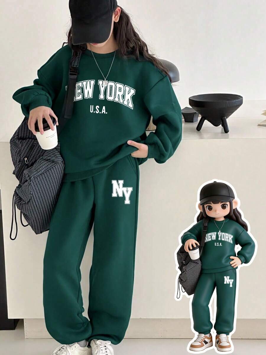 طقم 2 قطعة من سويت شيرت وبنطلون رياضي للبنات، مطبوع عليه "NEW YORK"، قماش ناعم، ملابس رياضية كاجوال للاستخدام اليومي - أخضر داكن - مشاهدة 1