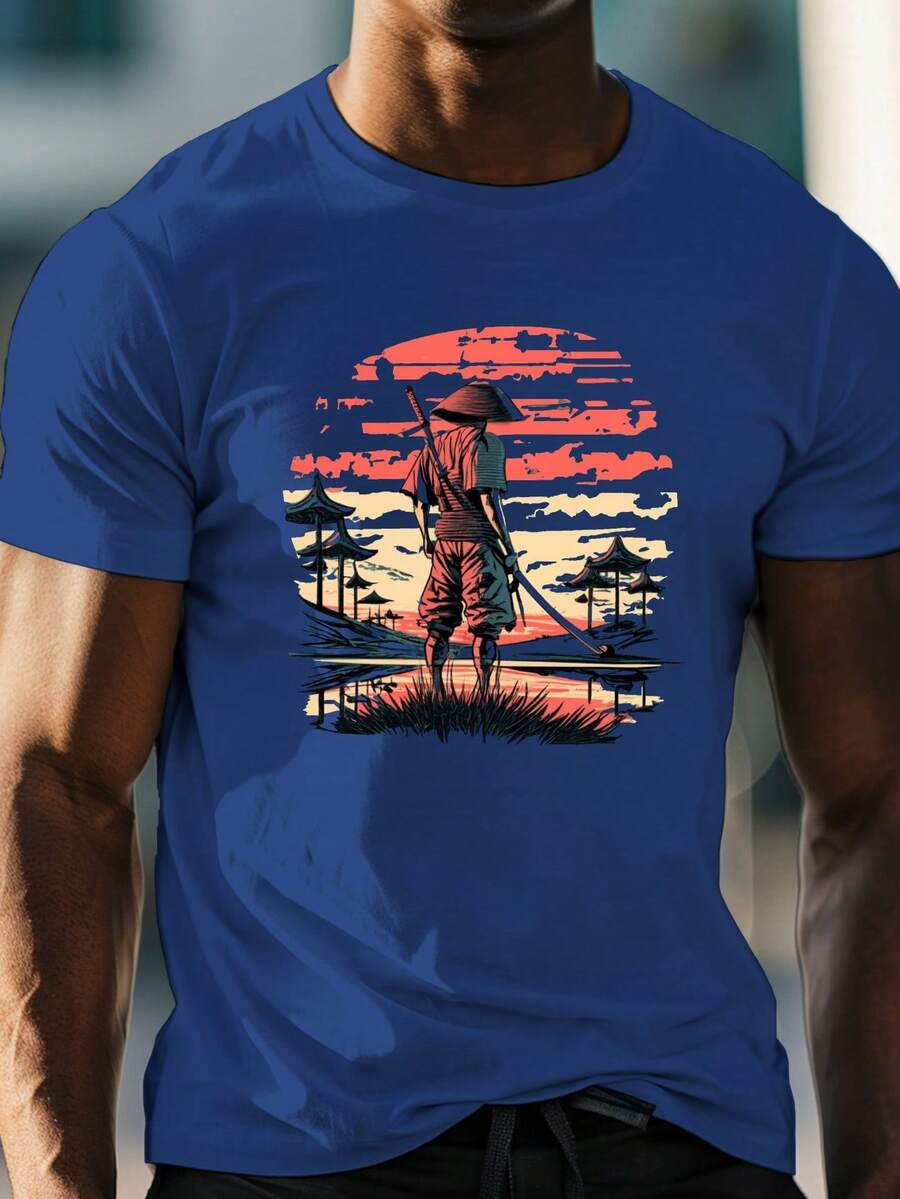Men's T-Shirt With Samur Shadow Anime Warrior Print, Casual Short-Sleeved Top With Round Neck, 100% Pure Cotton, Slightly Stretchy, Regular Fit, See-Through T-Shirt - 藍色 - 查看 1