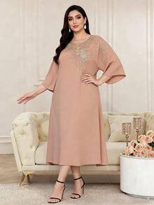 Heavy Embroidery Gold Arabic Women's Summer Mocha Brown Elegant Dress, JALABIA Ruffle Trim 3/4 Sleeve, Summer Casual Party Outfit - Mocha Brown - View 6