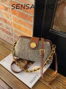 Handbag, Woven Design, Flap With Strong Magnetic Closure, Equipped With Metal Chain And Adjustable Shoulder Strap, Can Be Carried As Shoulder Bag, Crossbody Or Handbag. Suitable For Commuting, Shopping, Business Trips, Travel And Daily Commute. - Brown - View 6