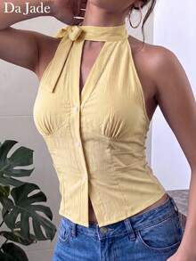 Da Jade Blusa corta sexy para mujer con textura arrugada, cuello halter con lazo en la espalda, botones delanteros, abertura tipo ojo de cerradura, sin mangas, ajustada, estilo Y2K, para uso diario, calle y capas - Amarillo - Ver 3