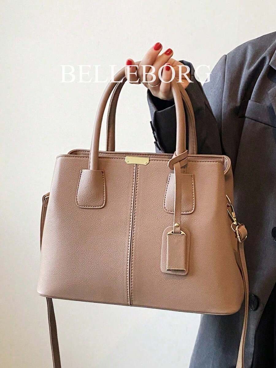 Bolso de mano tipo tote vintage de mujer con decoración de metal simple - Caqui - Ver 1