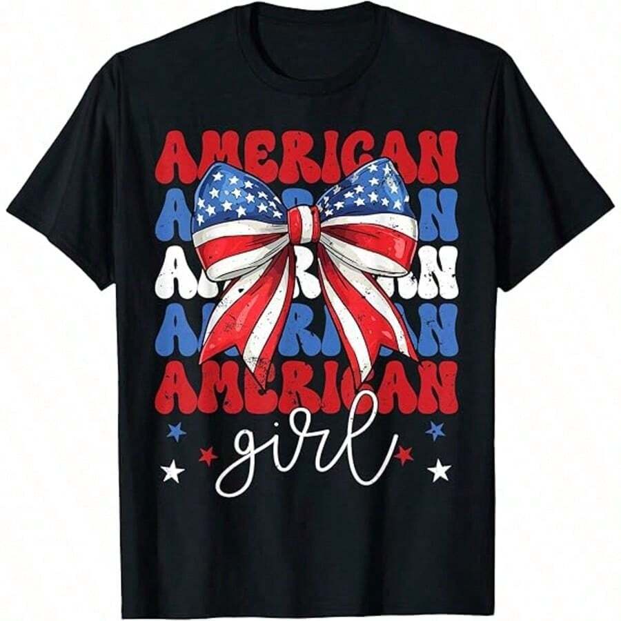 White T-Shirt For Toddlers With Patriotic 4th Of July Print, Casual, Short Sleeve, , Kindergarten Graduation, 4th Of July Girls, Children's Items, Clothing - 橄欖綠 - 查看 1