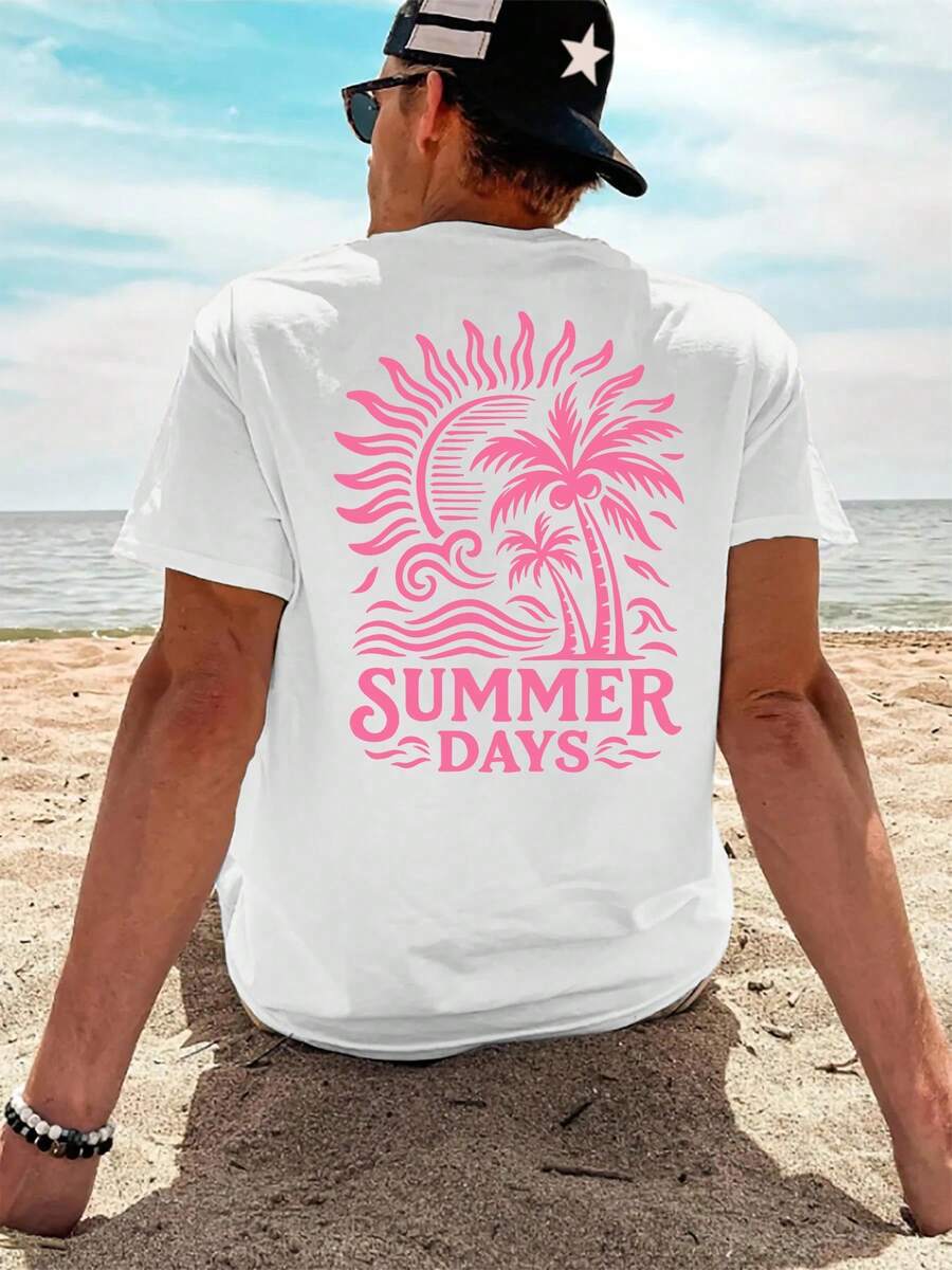 1 PCS Casual Cotton Oversized Men Short Sleeve T-Shirt, Vintage Beach Tropical Palm Tree Summer Letter Graphic Crew Neck Tee, Suitable For Travel Street Airport Casual Holiday Wear - 白色 - 查看 1