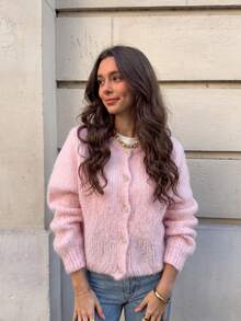 Cardigan Rajut Mohair Lembut dan Halus untuk Wanita, Warna Pink Polos, Kerah Bulat, Kancing Depan, Lengan Panjang, Longgar, Kasual, Jaket Sweater Musim Gugur - Baby Pink - View 3