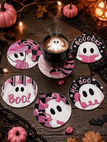 1/6/12 pièces Dessous de verre en bois rose et noir mignon Boo Fantôme, dessous de tasse ronds en bois à imprimé à carreaux de fantôme de dessin animé pastel pour Halloween, dessous de verre antidérapants pour décoration de fête d'Halloween, maison, cuisine, bar, table basse, décoration de table de dîner d'Halloween, cadeaux d'Halloween - Multicolore - Voir 3