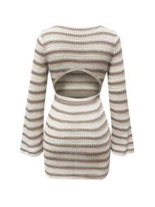 Women's Spring/Summer Striped Color Block Sexy Beach Vacation Slimming Knit Hollow Out Sheer Backless Design Long Sleeve Cover-Up Short Dress - Multicolor - View 7