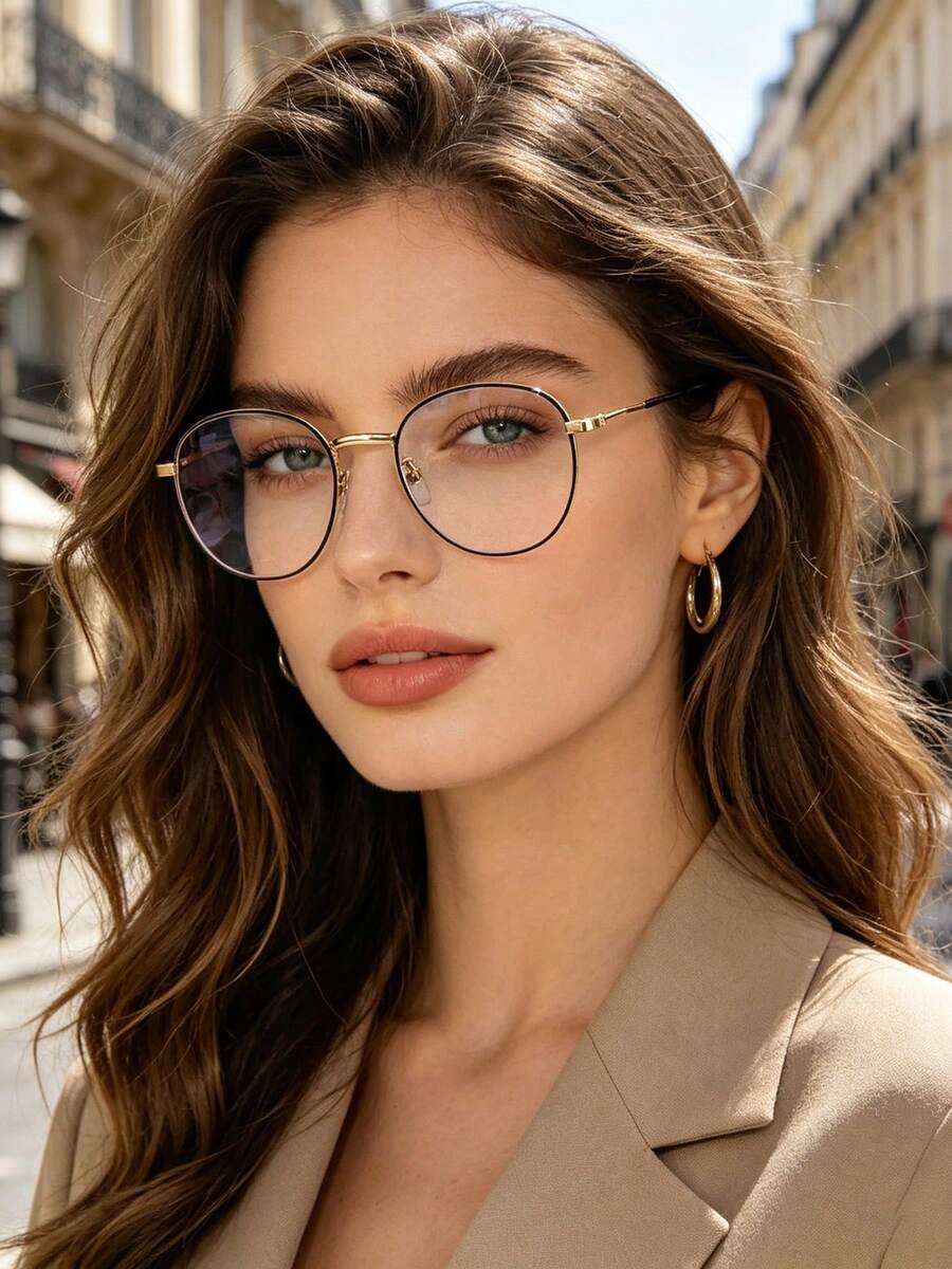 1pc Fashion Retro Metal Round Frame Transparent Glasses - Clear - View 1
