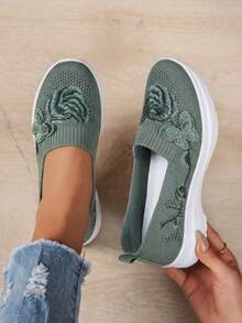 Women's Breathable Knit Slip-On Tennis Shoes - Lightweight, Comfortable Wedge Sneakers For Casual Walking & Daily Wear - 綠色 - 查看 3