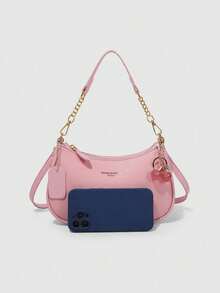 This Fashionable Women's Shoulder/Underarm Bag Is Made Of PU Leather, Decorated With A Delicate Cherry Pendant, And Features A Metal Chain Shoulder Strap. Suitable For Various Occasions, Including Outings, Travel, Shopping, Commuting, Gifting, And Parties. - Pink - View 9