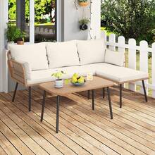 COSTWAY 3-Piece L-Shaped Outdoor Patio Sofa Set, Boho Rattan Outdoor Conversation Set W/Cushions, Coffee Table & Removable Covers, Sectional Lounge Set For Porch, Balcony & Backyard, Brown/White - White - View 1