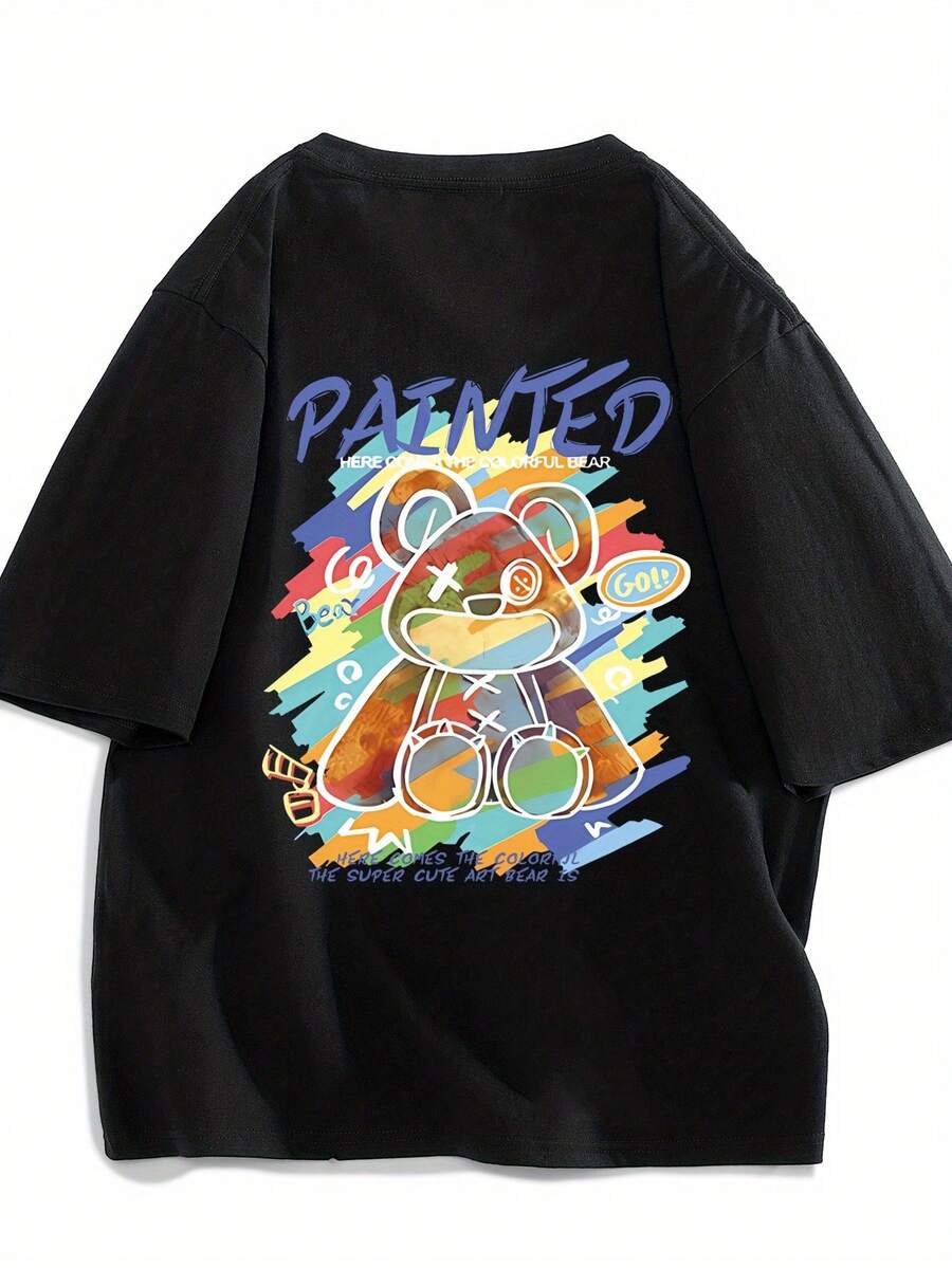 Men's Pure Cotton Short-Sleeved T-Shirt With Bear Design, American Style, Simple And Casual, Couple's Half-Sleeved Top, Fashionable Brand Loose-Fit T-Shirt. - 黑色 - 查看 1