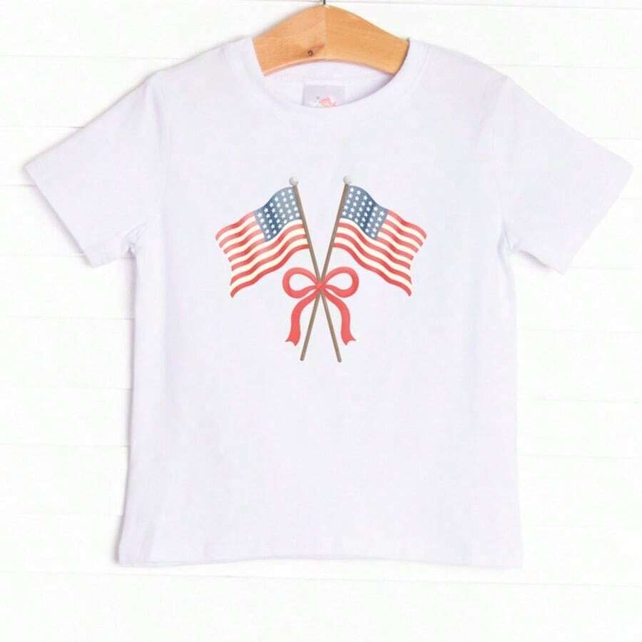 White T-Shirt For Toddlers With Patriotic 4th Of July Print, Casual, Short Sleeve, , Kindergarten Graduation, 4th Of July Girls, Children's Items, Clothing - 咖啡棕 - 查看 1