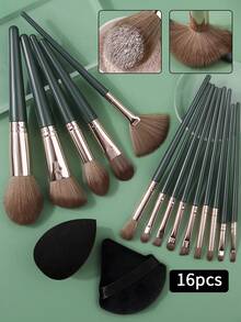Set Kuas Rias Wajah & Mata Presisi, 14 Buah Kuas Gagang Hijau Sintetis + 2 Buah Spons Kecantikan Bentuk Tetesan Air Mata Hitam, Alat Kosmetik Serbaguna untuk Pemula & Profesional dalam Rias Wajah - Dark Green - View 2