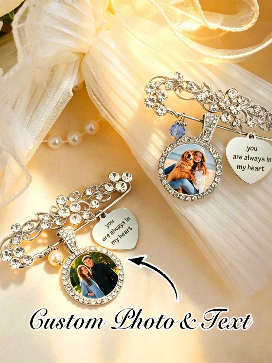 1pc Personalized Memorial Brooch, Gift For Bride, Customized Wedding Bouquet Photo Pendant, Memorial Wedding Boutonniere Brooch, Groom Lapel Pin - Multicolor - View 1