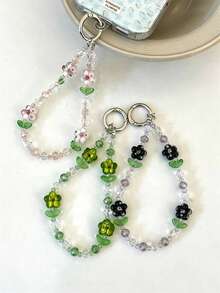 Summer Stylish Lovely Chic Flowers Beaded Hanging Rope Pendant Mobile Phone Anti-Loss Lanyard CCD Strap Simple Creative Short Chain - Black Flowers - View 4