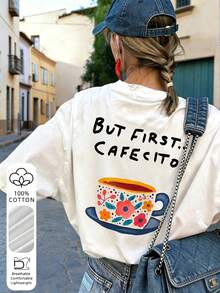 柔軟透氣棉質T恤，印有「But First Cafecito」咖啡圖案，休閒時尚，白色夏季款 - 白色 - 查看 1