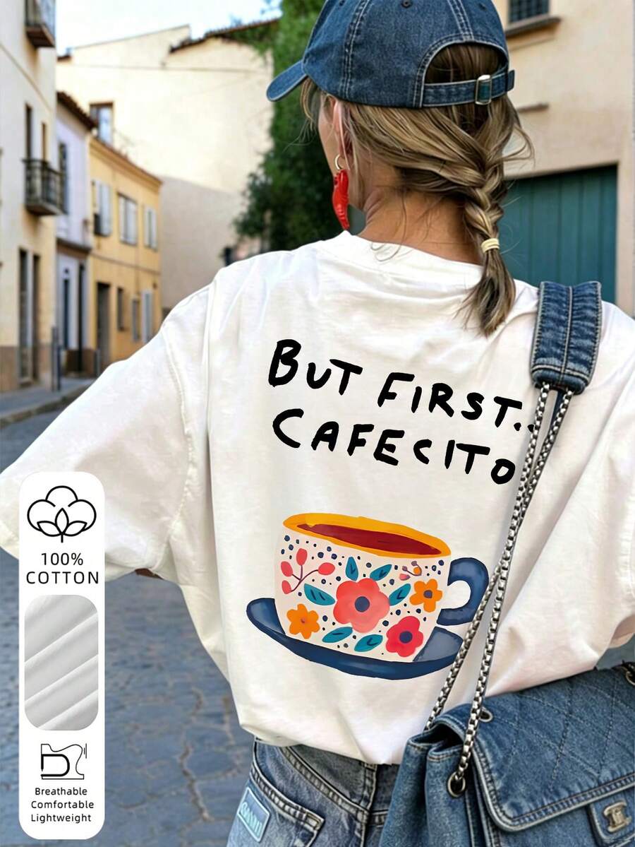 柔軟透氣棉質T恤,印有「But First Cafecito」咖啡圖案,休閒時尚,白色夏季款 - 白色 - 查看 1