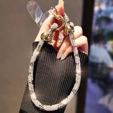 1PC Double Buckle Gold Bead Full Rhinestone Striped Wrist Strap Phone Lanyard Short Style Niche Exquisite Premium Shiny Rhinestone Jewelry Fashion Outdoor Climbing Anti-Loss Hanging Rope Phone Case Pendant With Free Clip - Multicolor - View 3