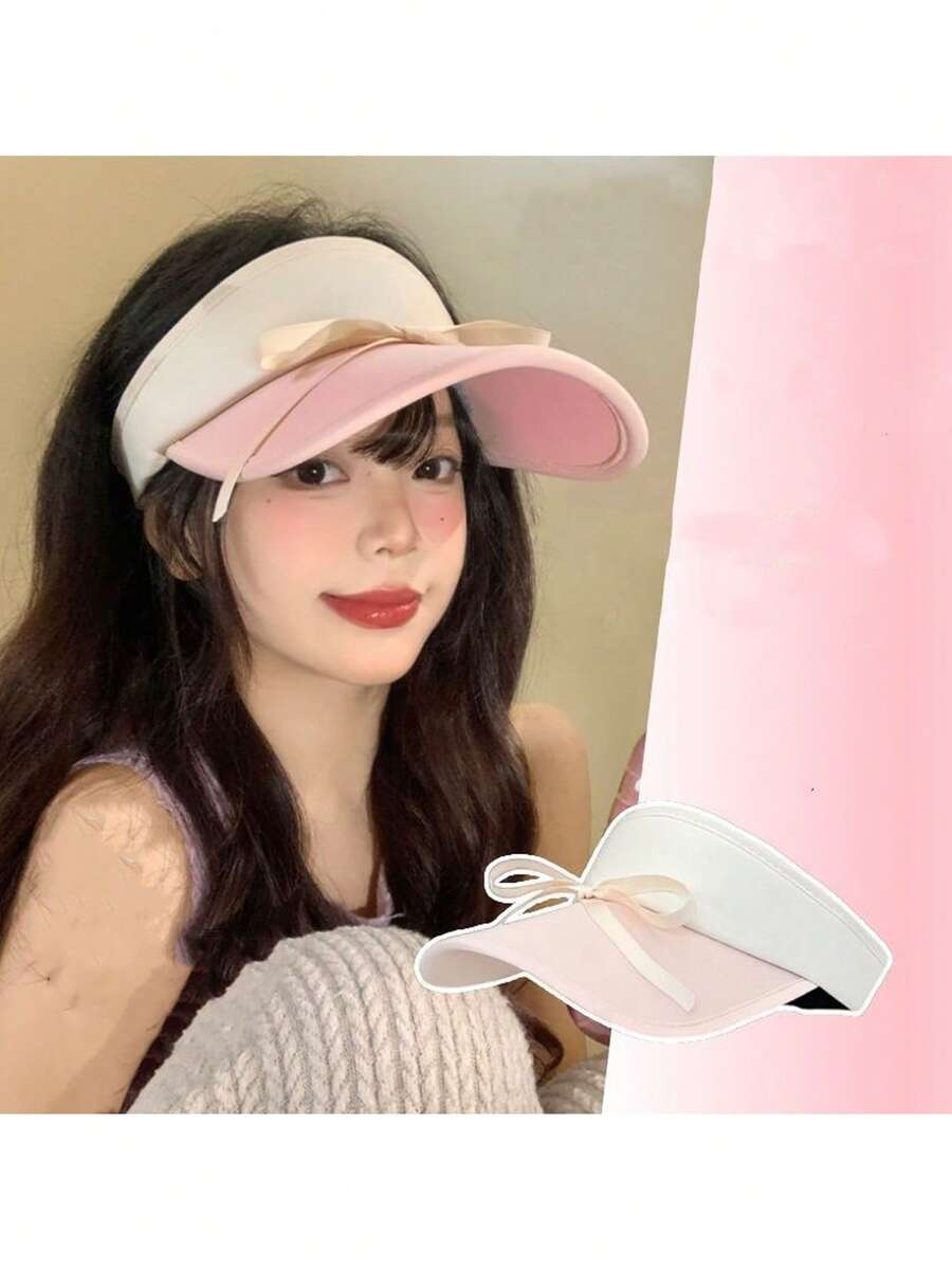 1pc Women's Bow Tie Strap Open Top Wide Brim Sun Hat, Outdoor Sun Protection Hat - Multicolor - View 1