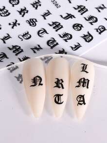 2張3D自黏式哥德字母美甲貼紙，黑色古英文A-Z字母，龐克Y2K風格，復古個性化美甲DIY裝飾配件 - 黑色 - 查看 5