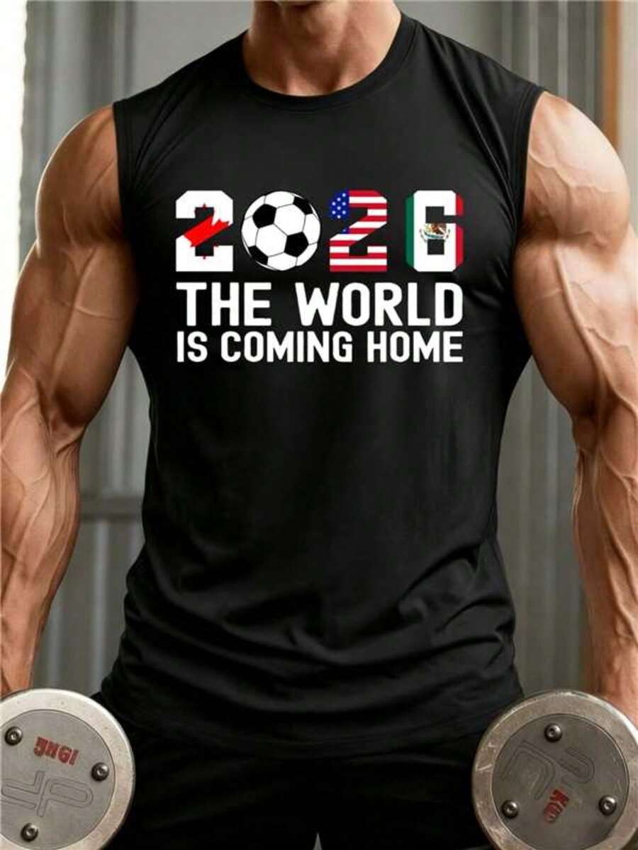男士運動背心，2026美國-加拿大-墨西哥主題無袖背心，適合世界盃足球迷，適合戶外運動活動，男士球衣