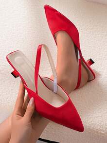 French Style Bright Red/White Shiny Pointed Toe Slingback Kitten Heel Sandals, Elegant Commuter Wedding Shoes 2-In-1, Glossy Red/White Pointed Toe Low Heel Slingback Sandals, Single Strap Stiletto Low Vamp Versatile Shoes - Red - View 2