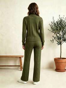 1pc Casual Blouse And Pants Set, Daily Winter Modal Knit, Classic Cable Knit - Dark Green - View 3