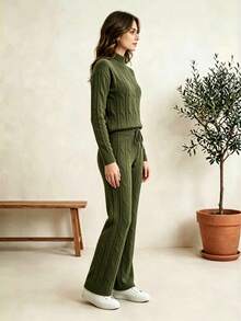 1pc Casual Blouse And Pants Set, Daily Winter Modal Knit, Classic Cable Knit - Dark Green - View 4
