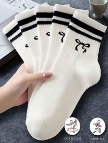 6/8/10/20 Pairs Neutral Classic Bow Pattern Breathable Moisture-Wicking Mid-Calf Socks, Soft Casual Sports Socks, Suitable For Daily Wear - Multicolor - View 2