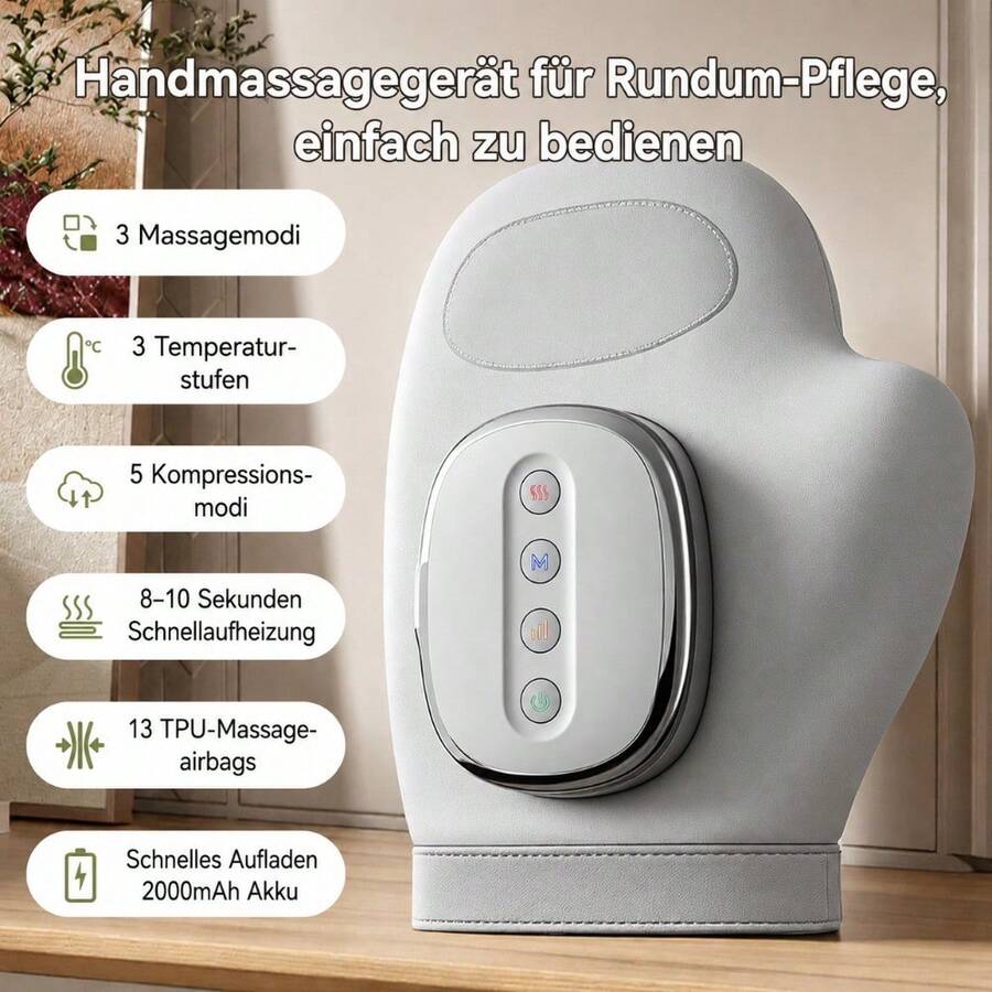 Handmassagegerät, kabelloses Handmassagegerät mit Wärme- und Kompressionsfunktion, 3 Wärmestufen & 5 Massagemodi, wiederaufladbares elektrisches Handmassagegerät zur Entspannung von Fingern, Handflächen und Handgelenken, Geschenk für Frauen, Männer, Mama und Papa - Weiss - Übersicht 1
