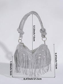 Shiny Tassel Evening Bag With Rhinestone Decor, Elegant Fashion Handbag For Formal Dresses, Party, Gathering And Events - Silver - View 9