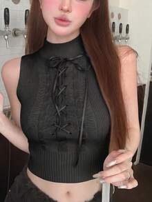 法式優雅甜辣風女款針織背心，性感內搭無袖繫帶短版上衣，夏季黑色 - 黑色 - 查看 5