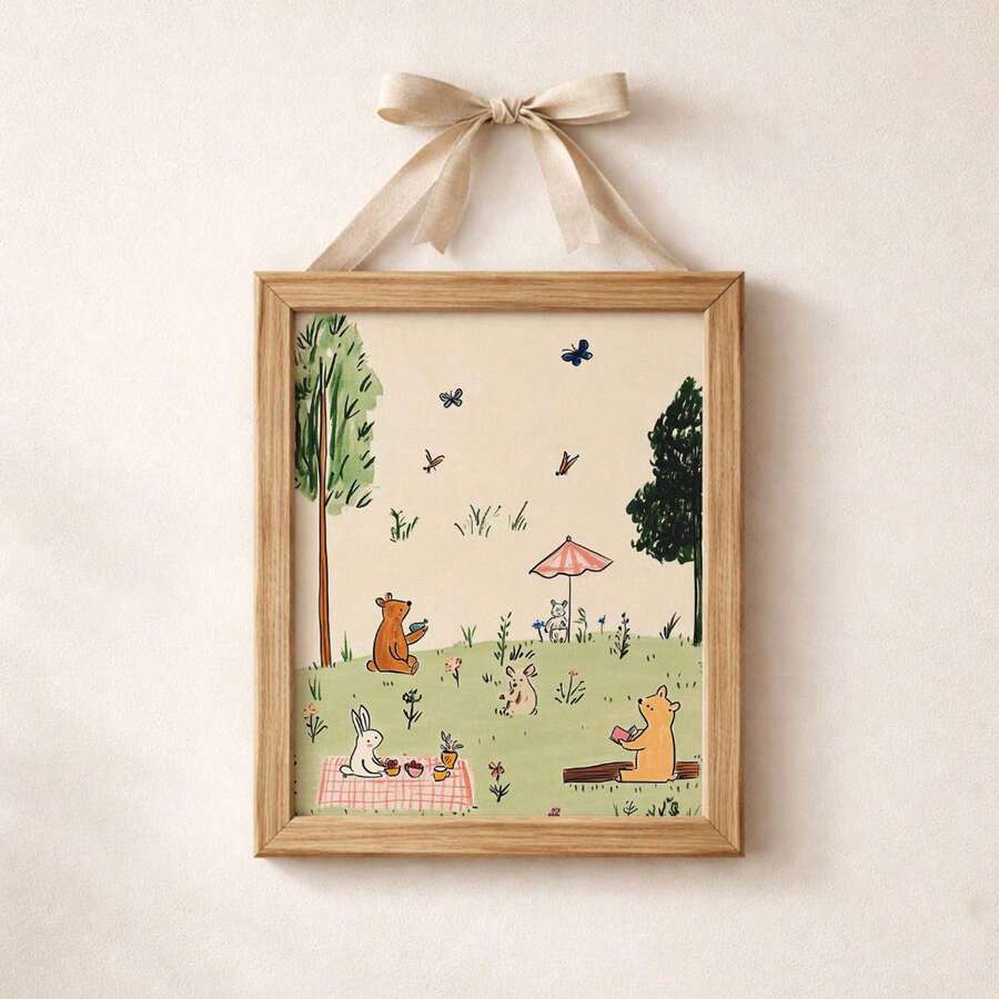 1pc Frameless Whimsical Fairytale Forest Animal Picnic Theme Cottagecore Wall Art - Playful Room Decor, Cute Storybook Print For Bedroom, Apartment, Dorm, Living Room, Nursery, Room, Decoration, Prints For Wall, Best Gift Choice - Cartoon - View 1