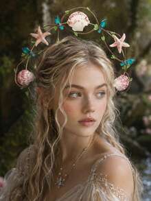 Diadema de corona de hojas con estrella de mar y concha natural, guirnalda de cabello con enredadera verde y cristales estilo boho, tocado de sirena para boda en la playa, fiesta de cosplay y vacaciones - Multicolor - Ver 2