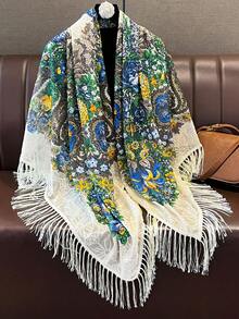 1pc Elegant Vintage Paisley Floral Pattern Jacquard Bohemian Style Flocked Large Square Scarf Women's Fashion Versatile Tassel Scarf Suitable For Outings, Vacations, Travel, Photography, Essential Shawl, Multi-Functional Matching - Beige - View 4