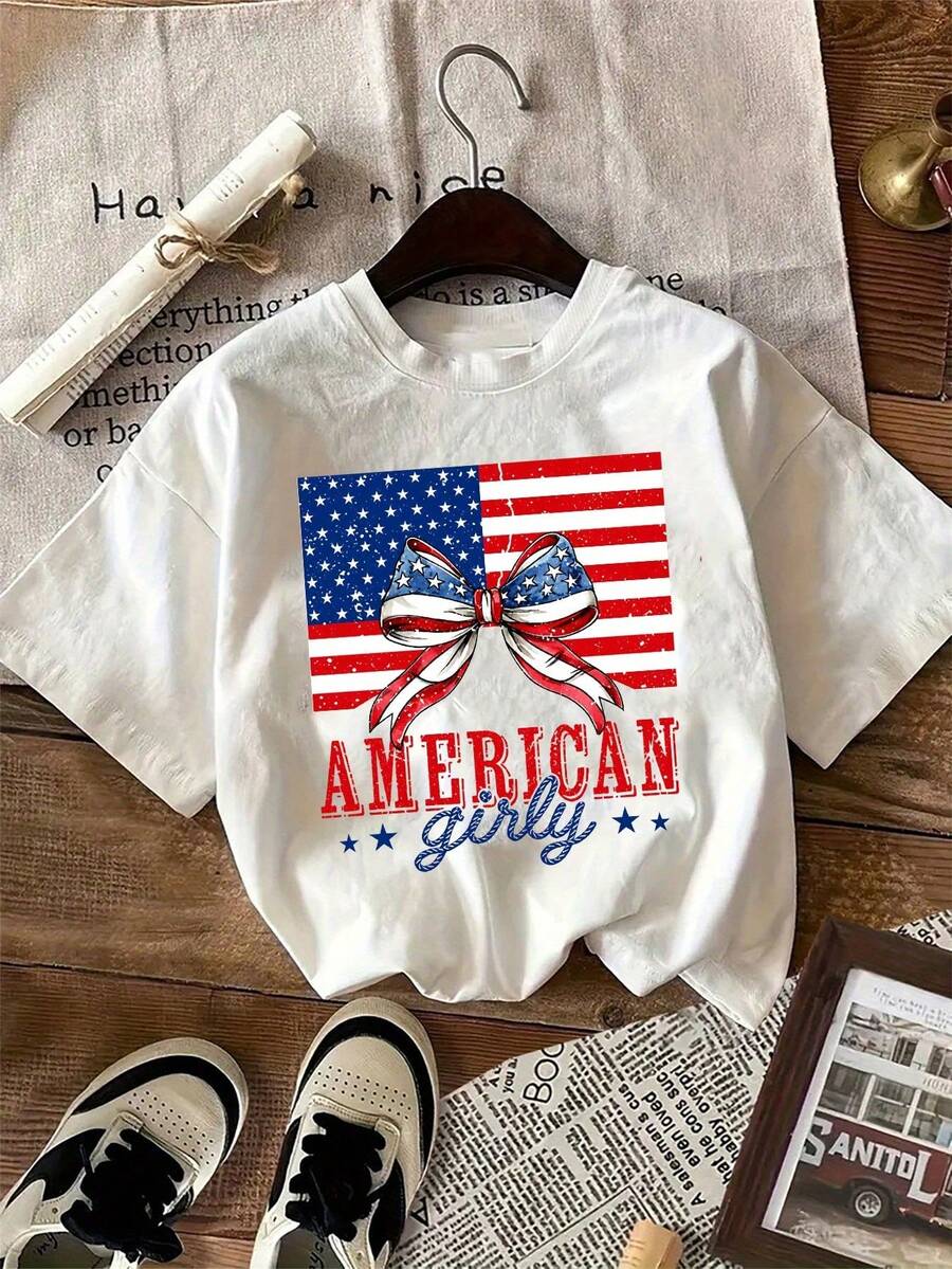 1 Pack Of Girls' Casual Printed Round Neck Short Sleeve T-Shirts, Summer Clothes For Young Students - White 8 - View 1
