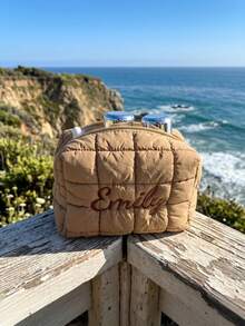 Custom Quilted Zipper Storage Bag, Personalized Quilted Makeup Bag, Bridesmaid Gift Bag, Embroidered Makeup Bag, Puff Makeup Bag, Travel Essentials - Multicolor - View 7
