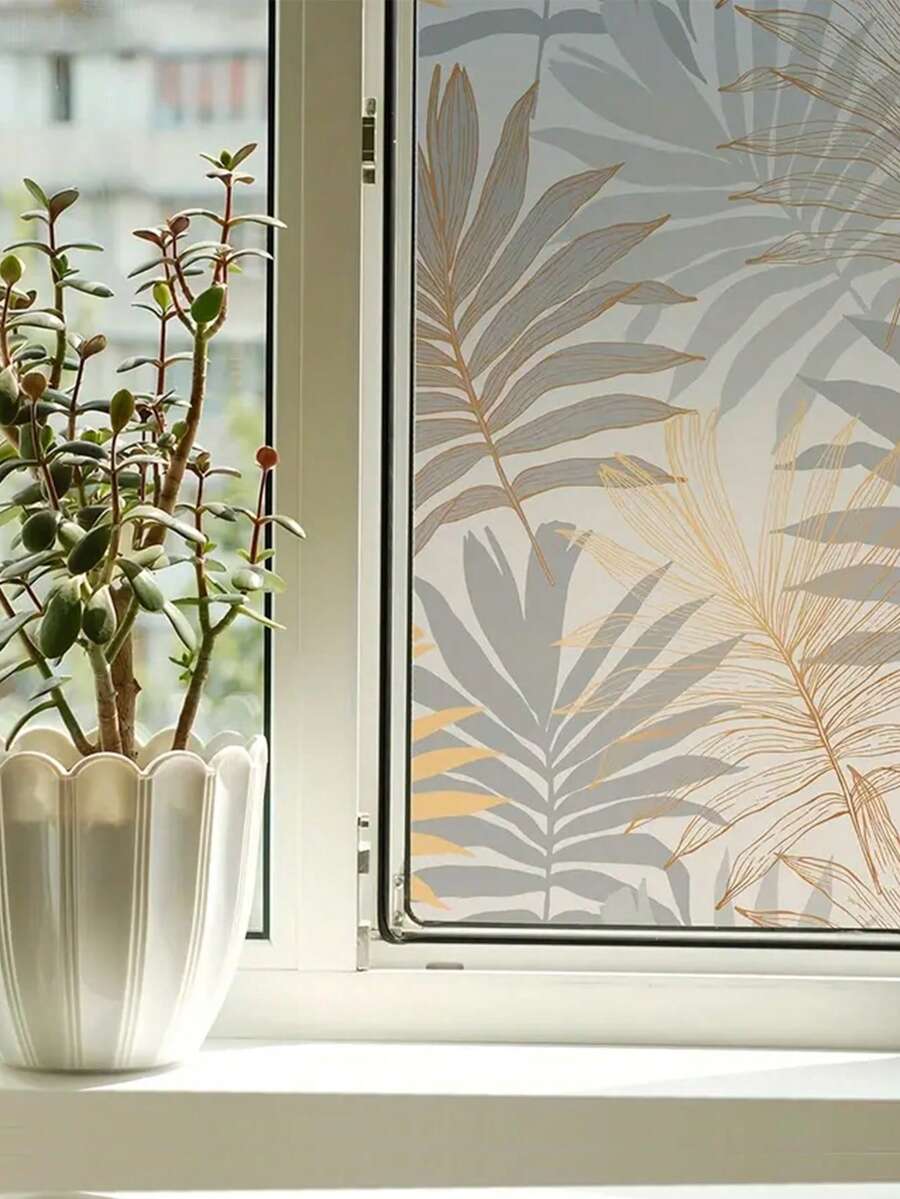 ihomeli Tropical Vegetation Print Static Adhesion Window Film, Vintage PVC Frosted Glass Privacy Film, Self-Adhesive Translucent Glass Sticker - Multicolor - View 1