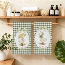 2pcs Green Plaid Cute Duck Bow Pattern Kitchen Towels, 40*60cm Soft Microfiber Material Tea Towels, Suitable For Home Kitchen Restaurant Outdoor Camping Tabletop Cleaning Dish Cloth Hand Towel Accessories, Holiday Gift - Multicolor - View 7