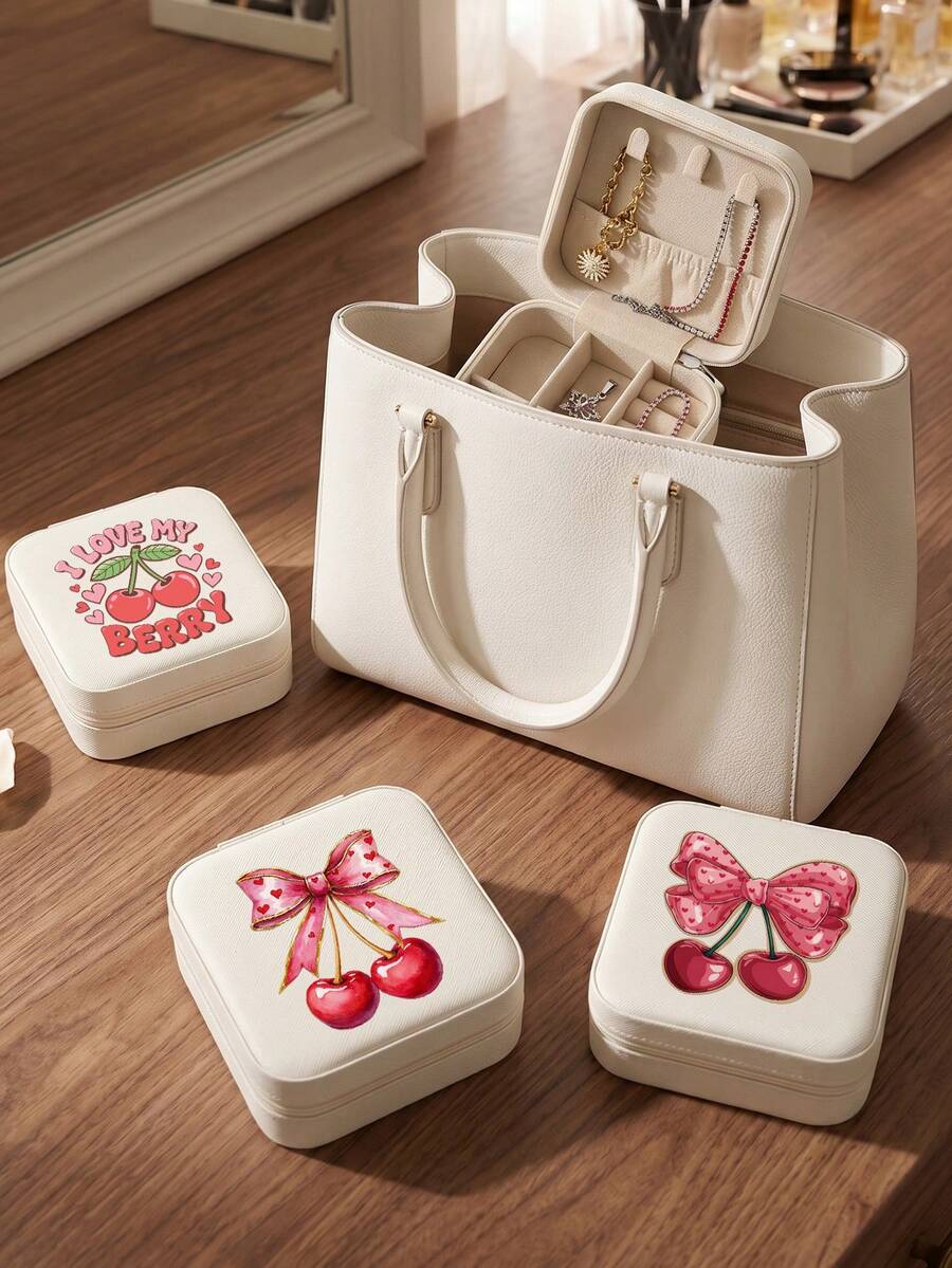 Cherry Bow Pattern PU Leather Portable Travel Jewelry Storage Box For Women, Stores Necklaces And Rings,Gift Ideas,Suitable For Home Storage,Commuting - Cherry & Bow - View 1