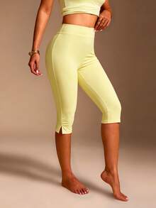 XLLAIS Women's Yellow High Elasticity Casual Sports Fitness Split Hem Capri Pants, Summer, Athleisure - Yellow - View 4